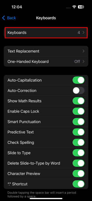 Tapping on "Keyboards" option in iPhone Settings app. 