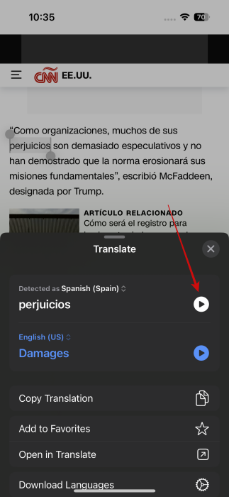 Pronunciation button for foreign word in Safari app on iPhone. 