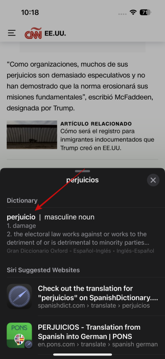 Foreign word definition view in Safari browser on iPhone. 