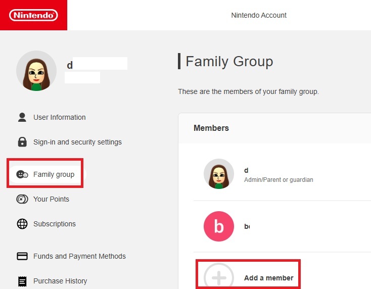 Adding a new member to a NIntendo Switch family group.