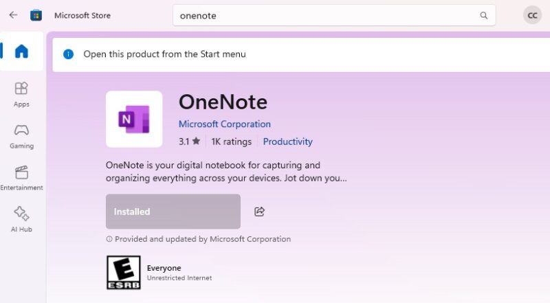 Installing OneNote from the Microsoft Store.