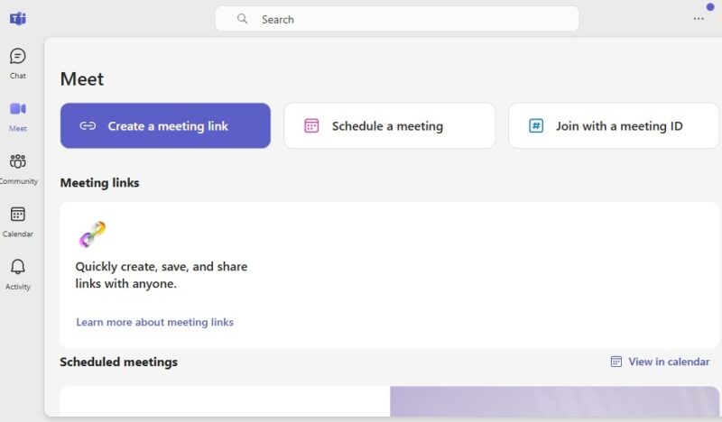 Microsoft Teams main dashboard for meetings.