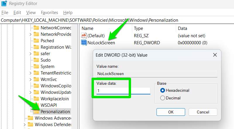 nolockscreen value in Windows Registry