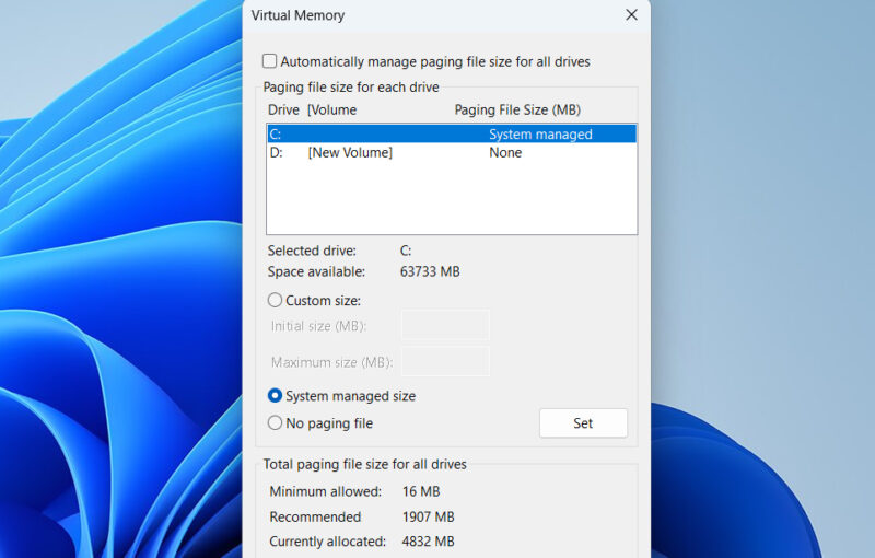 Virtual memory window in Windows 11