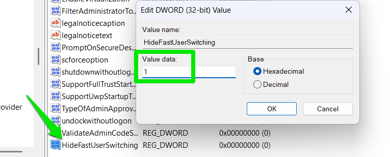 Adjust hidefastuserswitching value in Windows Registry