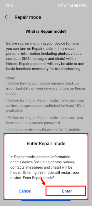 Confirming that you want to enter Repair mode on your Android