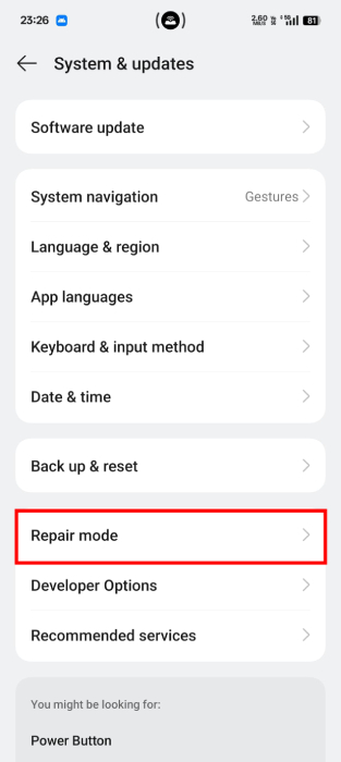 Choosing Repair mode In Android