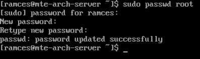 A terminal showing the process of changing the root password using sudo.