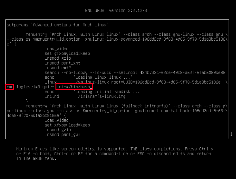 A screenshot showing the GRUB menu with highlights on the "rw" boot option and "init" for the single user mode.