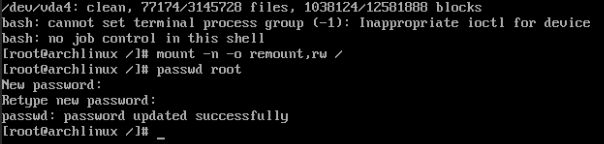 A terminal showing the process of changing the root password in single user mode.