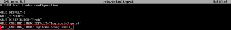 A terminal highlighting the modified GRUB config file for the Systemd Debug Mode.