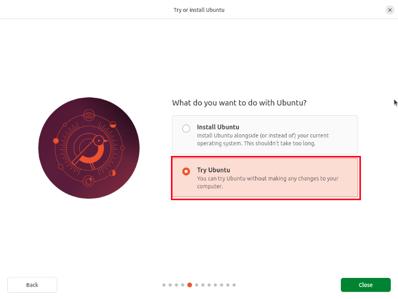 A screenshot highlighting the "Try Ubuntu" option for the Live ISO session.