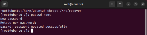 A terminal showing the process of chrooting and changing the password of the root user.