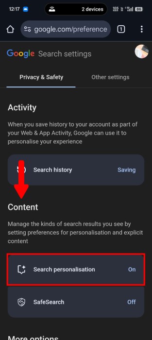 Search Personalization Settings Mobile