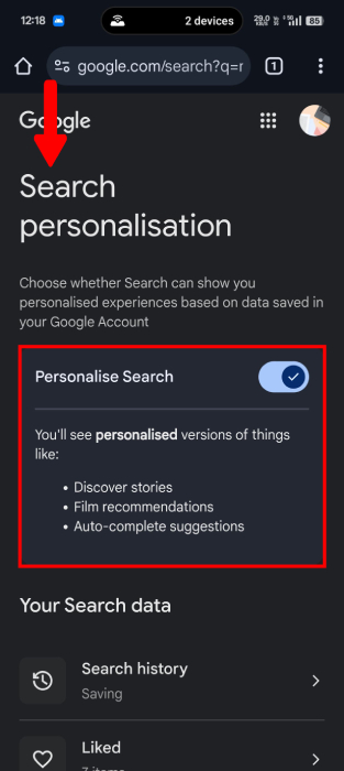 Search Persnolization Toggle On Mobile