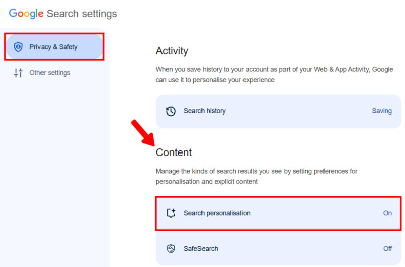 Search Personalization Google Settings