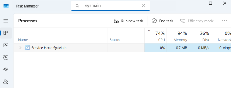 Windows Task Manager showing Sysmain process