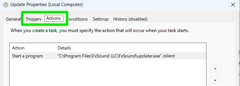Task Properties Trigger and Actions tabs