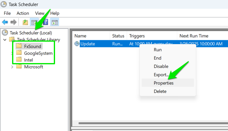 Task Properties menu in Windows Task Scheduler