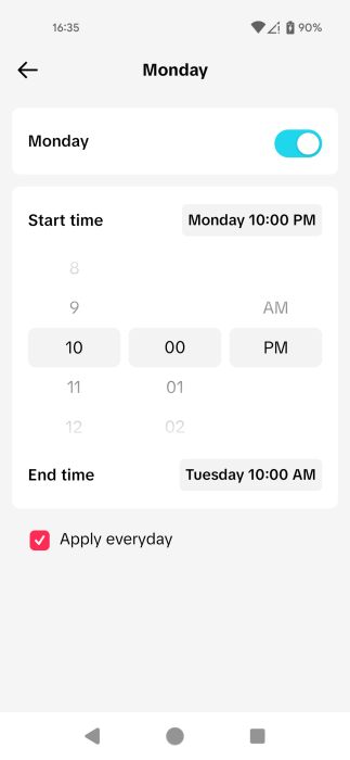 Setting a schedule for Time Away for Monday via TikTok app. 