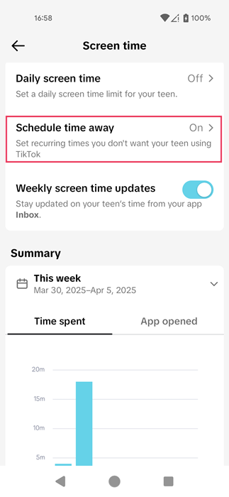 Activating "Schedule time away" option in TikTok app. 