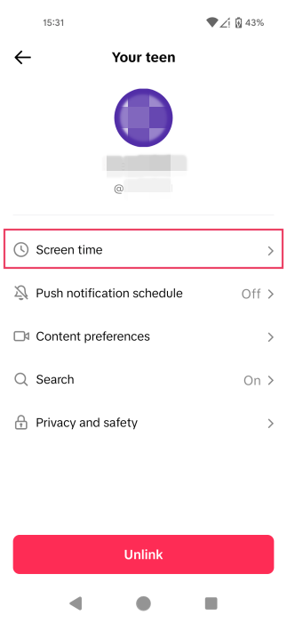 Tapping on "Screen time" option in TikTok app. 