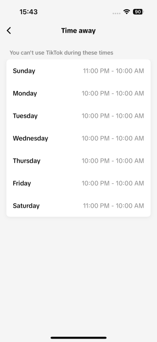 Time away schedule for teen account in TikTok app. 