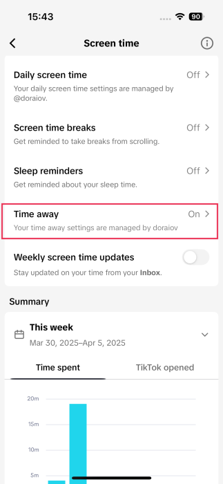 Tapping on "Time away" option in child TikTok account.