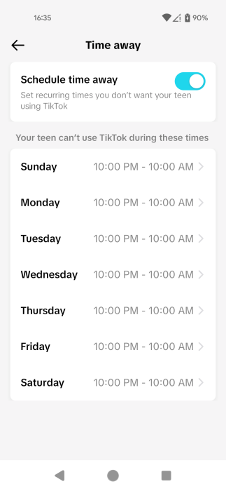 Turning on feature to "Schedule time away" in TikTok app. 