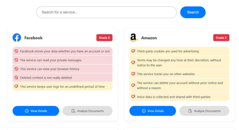 ToS;DR showing Facebook and Amazon grades