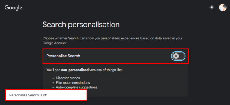 Turn Off Search Persoanlization