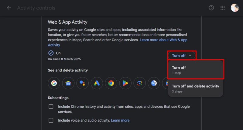 Turn Off Web and App Activity