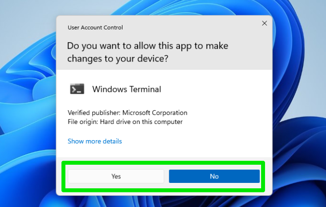 UAC prompt for terminal in Windows