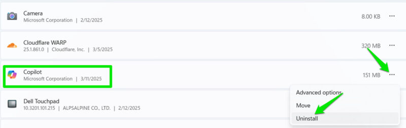 Uninstalling Copilot app in Windows 11