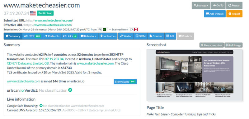 URLScan scanning maketecheasier