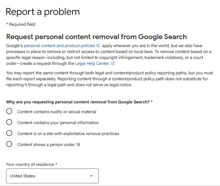 Google Search removal request form.