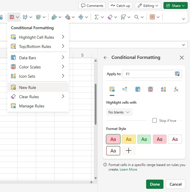 Setting up conditional formatting in Excel.