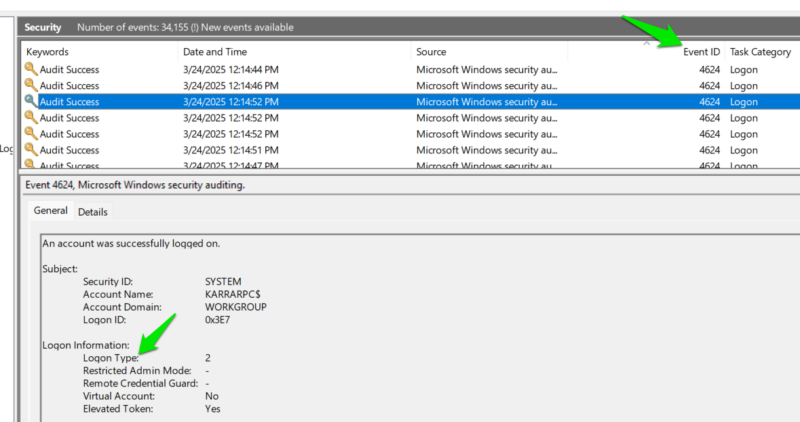 Windows Event Viewer showing event ID