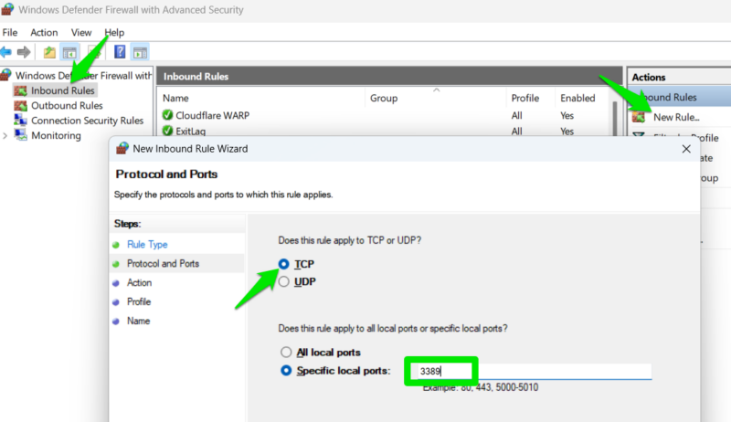Create inbound rule in Windows Firewall