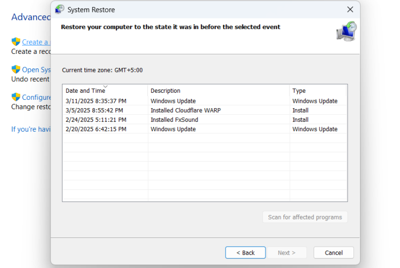 Windows System Restore wizard