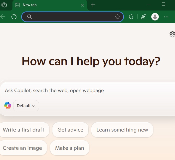 Copilot enabled as default in a New Tab page in Edge browser.
