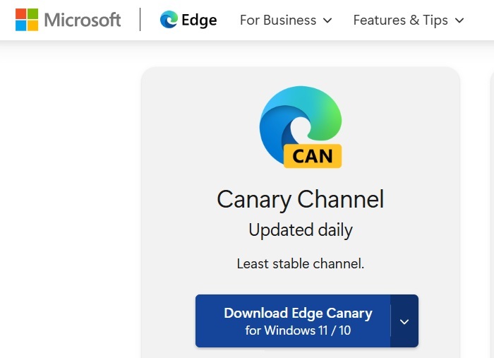 Download Edge Canary link on Windows devices.