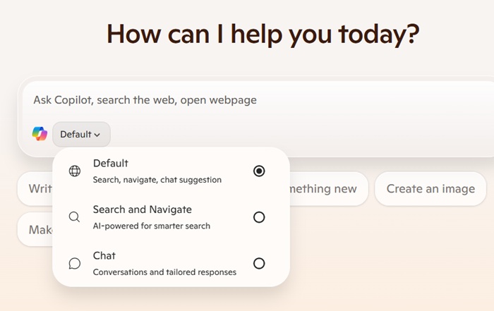 Three search modes in Copilot New tab: default, search and navigate, and chat