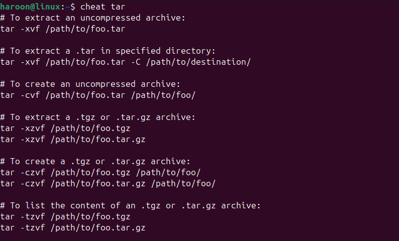Displaying Cheatsheet For Tar Command
