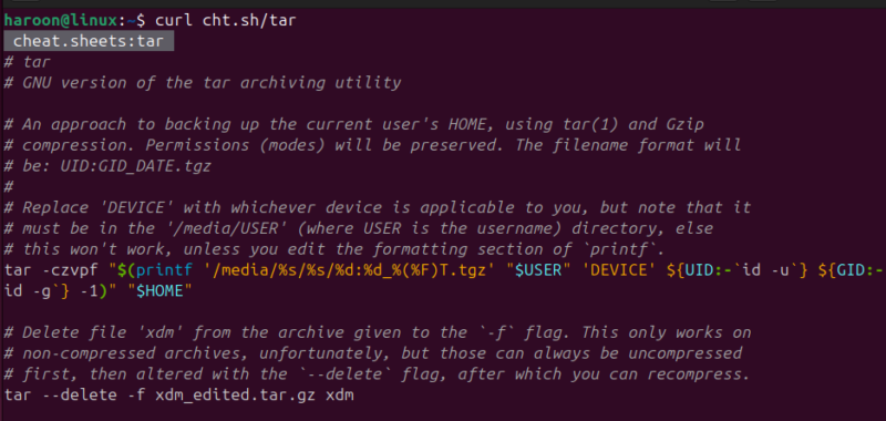 Displaying Cheatsheet Page Of Tar Command