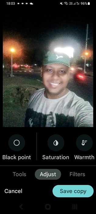 A Google Photos image adjusted by HDR in "Adjust" followed by "Save copy