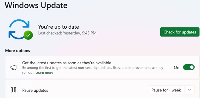 Check for updates in Windows and get latest updates as soon as possible.