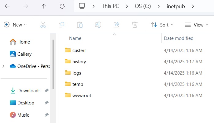 Inetpub folder with various subfolders.