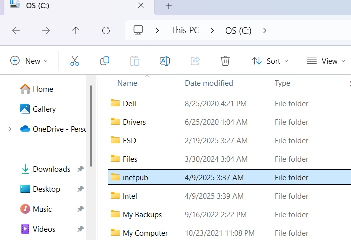 Location of inetpub folder within Windows C drive.