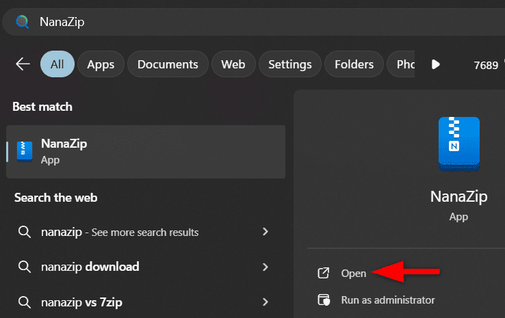 Launching Nanazip From Start Menu.